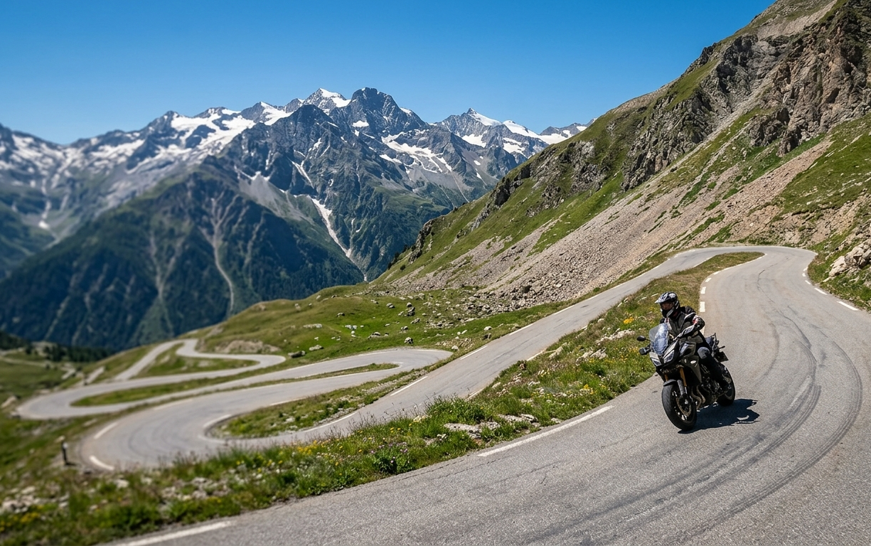 Route de montagne en Savoie au coucher du soleil, avec la silhouette du massif de la Vanoise — FMF Savoie
